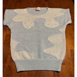 Vintage Christine Womens Embellished Pearls Teal Short Sleeve Sweater Size Small
